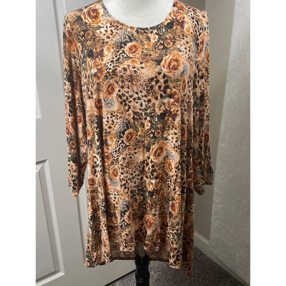Intro Women 2X Leopard Floral Print 3/4 Sleeve Stretch Tunic Blouse Boho Chic